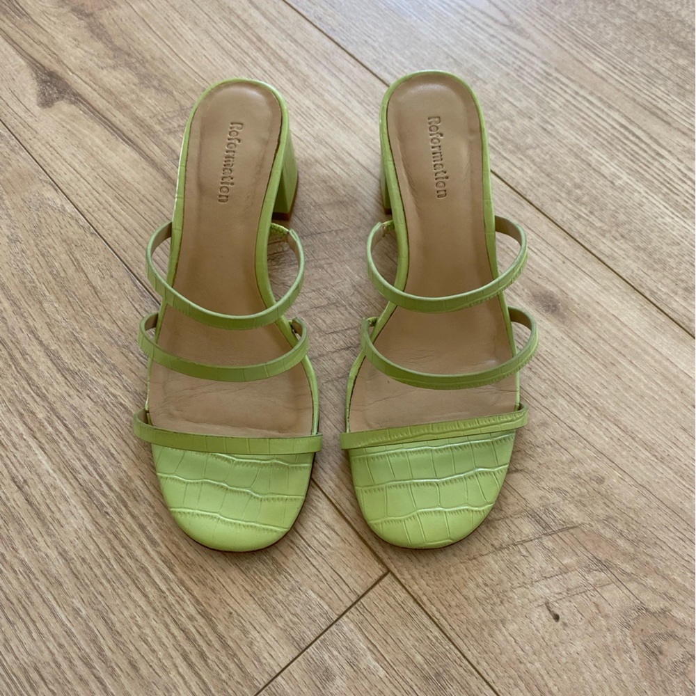 Green crocodile Reformation strappy mules